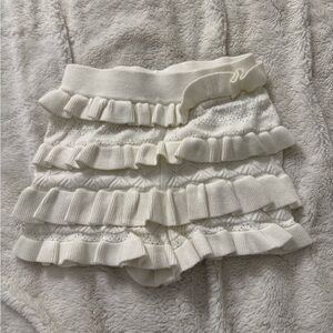White Ruffled Crochet Knit Shorts Layered Pleated